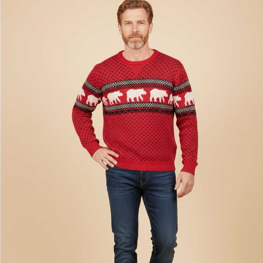 Chaps Red Crewneck Sweater with Polar Bear Design